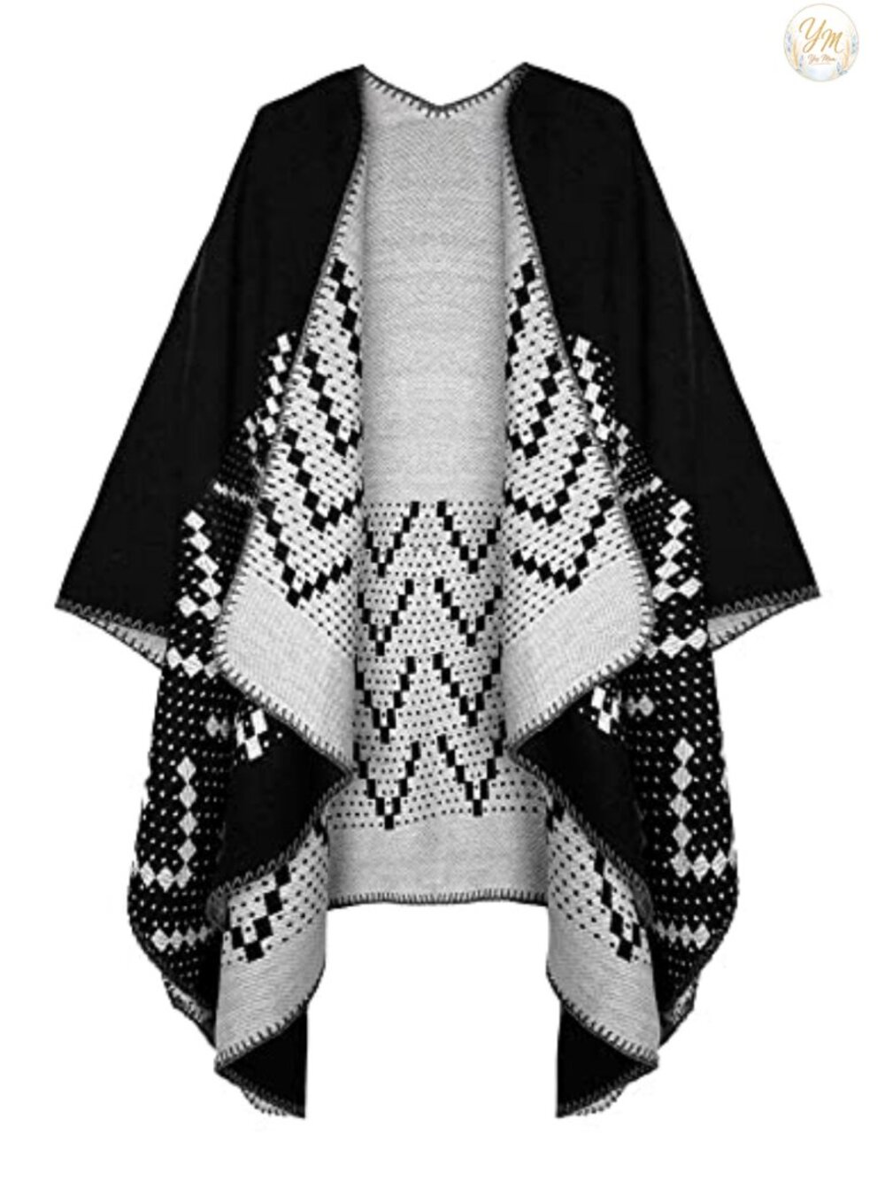 Polyester Color Block Open Front Poncho Shawl Wrap Cape Ruana Reversible